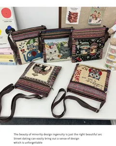 Sac bandoulière en toile style ethnique mignon sac à bandoulière dessin animé pratique