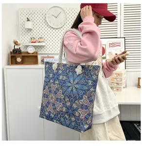 Borsa tote in tela bohémien grande capacità spiaggia viaggio borsa a spalla casual floreale