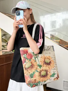 Bolso tote de lona de moda con bordado floral, bolso de hombro vintage grande para mujer.