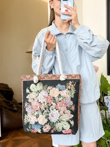 Bolso tote vintage de flores de tapestry gran capacidad bolso de hombro tejido para mujer