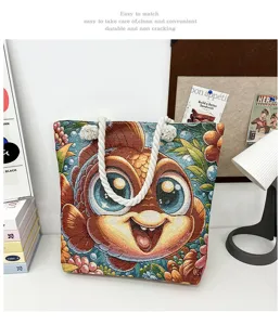 Bunter Segeltuch Tragetasche mit Stickerei lustiger Fisch, lässige Schultertasche.