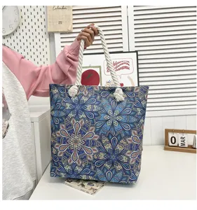 Borsa da mare in tela con fiori blu bohemien grande borsa alla moda per viaggi