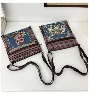 Sac bandoulière en toile style ethnique brodé avec motif mignon animal hibou éléphant multi-poches