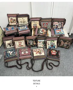 Sac bandoulière en toile style ethnique mignon animal dessin animé sac à main poches