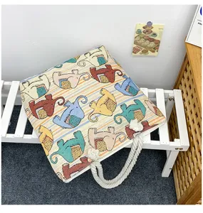 Εθνοτικό στιλ ελέφαντας canvas tote τσάντα μεγάλη χωρητικότητα casual ώμου με σχοινί