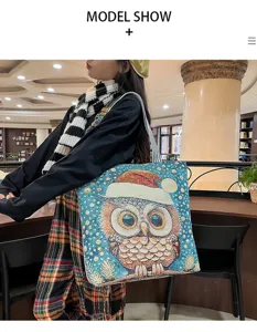 Τσάντα tote από καμβά κεντημένη κουκουβάγια μεγάλη χωρητικότητα ώμου χαριτωμένο καρτούν σχολείο