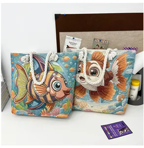 Gewebte Stoff Tragetasche mit Cartoon Fisch Stickerei, stilvolle Canvas Schultertasche Seil.