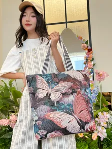 Etnische Stijl 3D Vlinder Borduurwerk Canvas Tote Bag Voor Vrouwen Grote Capaciteit Retro Bloemen Handtas Casual Schoudertas