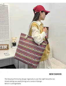 Borsa tote in tela bohémien da donna, grande borsa da spiaggia con motivo geometrico etnico.