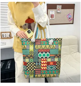 Canvas shopper tas grote capaciteit geometrische print casual schoudertas voor vrouwen