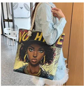 Τσάντα tote από καμβά με μοντένιο print γυναίκας καρτούν, casual τσάντα ώμου.