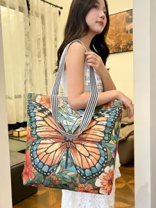 Etnische stijl vlinder borduurwerk canvas tote tas, grote casual handtas voor vrouwen.