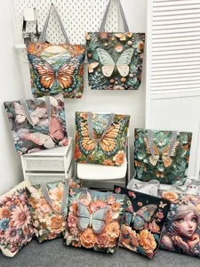 Grote canvas tote tas met etnische 3D geborduurde vlinder- en bloemmotieven voor dames.