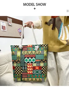 Grote canvas tote tas met retro etnische geometrische print en dik katoenen touw handvat dagelijks.
