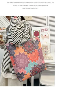 Grote canvas shopper met levendige mandala bloemenprint, casual schoudertas voor vrouwen.