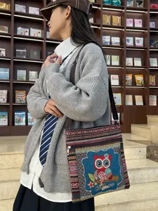 Sac bandoulière en toile style ethnique broderie hibou mignon sac décontracté