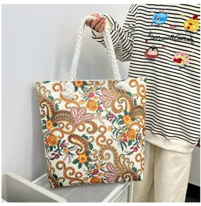 Borsa tote in tela boho da donna, grande borsa da spiaggia con elegante stampa cachemire.