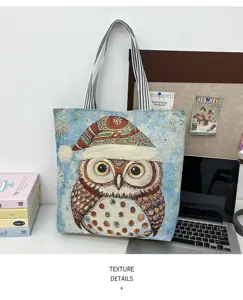 Τσάντα shopper από καμβά με κέντημα κουκουβάγιας και σχέδιο χιονονιφάδας για γυναίκες.