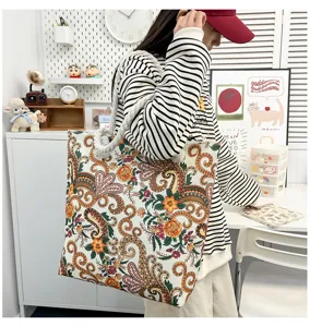 Borsa shopper in tela boho da donna, grande borsa da spiaggia con stampa floreale vintage.