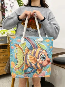 Modische Canvas Tragetasche mit bunten Fisch Stickereien, lässige Schultertasche.