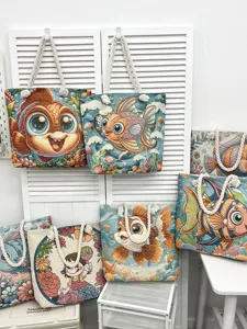 Neue modische Canvas-Tragetasche, bestickte Umhängetasche mit niedlichen Fisch- und Blumenmustern.