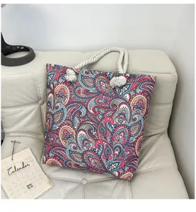 Borsa mare in tela con stampa cachemire boho, borsa a mano casual di grande capacità.