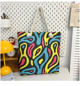 Kleurrijke abstracte print canvas shopper tas met dikke touw handvatten, grote schoudertas.