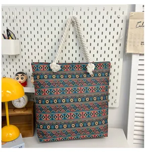 Grote canvas shopper tas met etnische geometrische print, casual schoudertas voor vrouwen.