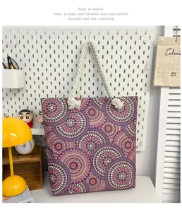 Grote canvas tote bag met paars mandala printontwerp, duurzaam en handig voor dagelijks gebruik.