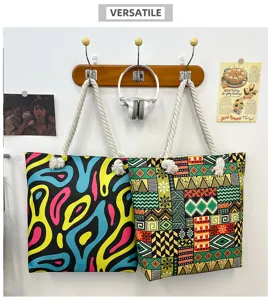 Grote canvas shopper schoudertas met kleurrijk geometrisch patroon casual handtas