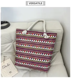Borsa shopper in tela boho vista dettagliata, motivo geometrico colorato, grande borsa casual.