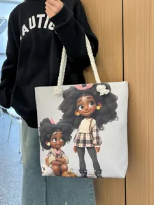 Τσάντα tote από καμβά με χαριτωμένο καρτούν print, ανθεκτικά χερούλια, καθημερινή τσάντα ώμου.