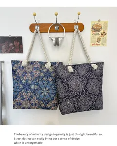 Borsa tote in tela boho con manici in corda, elegante borsa a tracolla di grande capacità estiva.
