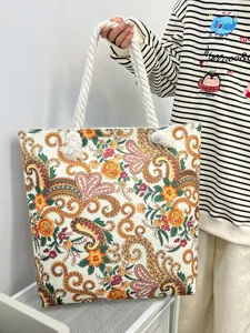 Borsa Tote in Cotone Canapa Stampato Stile Bohemien Grande Capacità Spiaggia Spalla Con Manici in Corda di Cotone per Donna Viaggio Estate