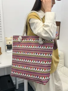 Borsa Tote in Tela Rigata Stile Boho Grande Capienza Borsa a Mano Casuale per Donna