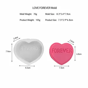 Heart shaped silicone mold detail view showing dimensions and finished product specs clearly.