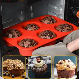 6-cup red silicone muffin mold baking pan for homemade cupcakes and chocolate puddings securely.