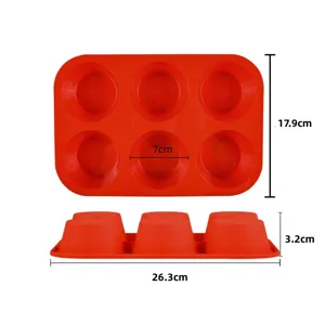 Red 6-cup silicone muffin baking mold for DIY cakes, cupcakes, and chocolate puddings.