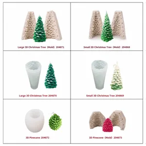 Detailed view of Christmas tree and pine cone silicone candle molds, showing sizes and designs.