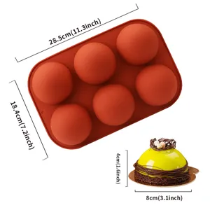 6-cavity half-sphere silicone cake mold, red baking pan for chocolate sphere and dessert.