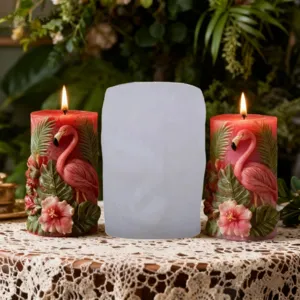 Flamingo cilinder siliconen kaarsmal met afgewerkte reliëfkaarsen voor DIY thuisdecoratie.