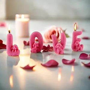 Pink LOVE letter scented candles with cute puppy design, romantic Valentine's Day decor.