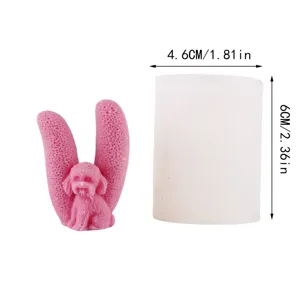 Silicone candle mold and cute puppy finished craft product with clear size dimensions.