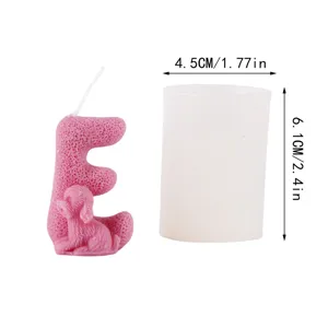 Letter E shape candle silicone mold with cute dog design and dimension detail for DIY crafts.