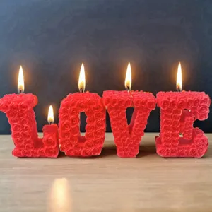 Red rose love letter shaped scented candles for valentines day romantic home decor.