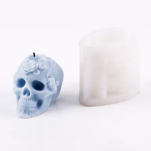 3D skull silicone mold for scented candle, retro rose pattern resin casting mold for decor.
