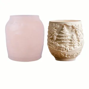 Christmas tree relief silicone mold for DIY scented candle jar, cement and plaster casting tool.