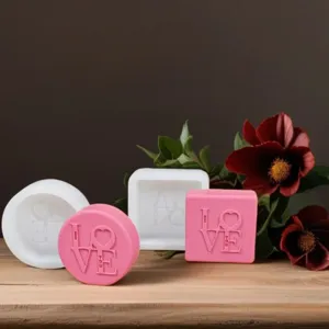 Details showing Valentine day love silicone candle soap molds set with relief floral decor.