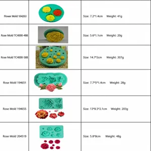 Rose silicone mold size chart showing multiple dimensions and weights for baking decorating tools.