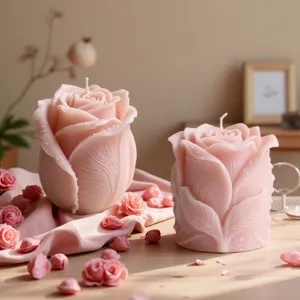 Exquisite pink rose bud scented candle with realistic dew drops, perfect for home decor and gifts.